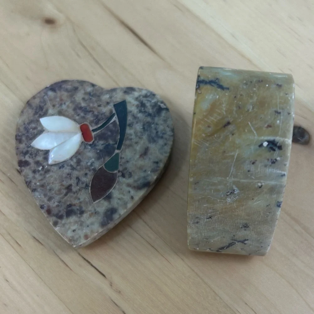 Vintage Soapstone Heart Mother-of-Pearl Abalone Inlay Heart Trinket Jewel Holder